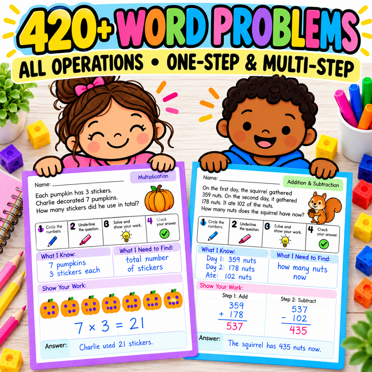 420 Editable Word Problems Year-Long Bundle - One Step & Multi Step, All Operations