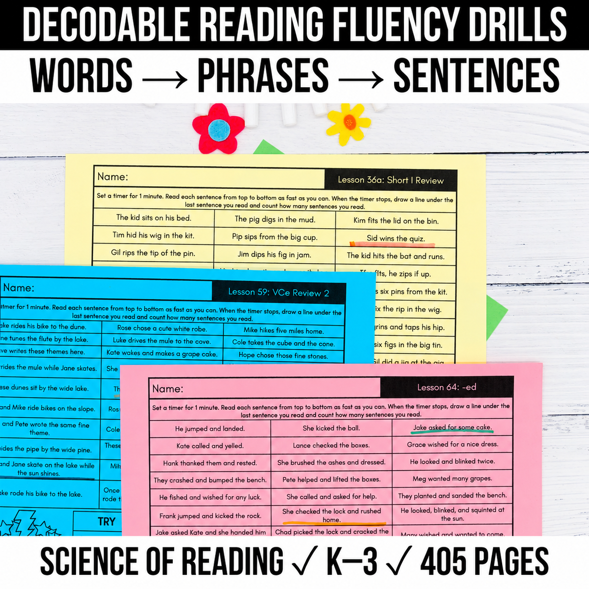 Decodable Reading Fluency Drills | Words, Phrases & Sentences | Phonics Bundle K-3