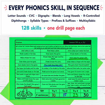 Decodable Reading Fluency Drills | Words, Phrases & Sentences | Phonics Bundle K-3